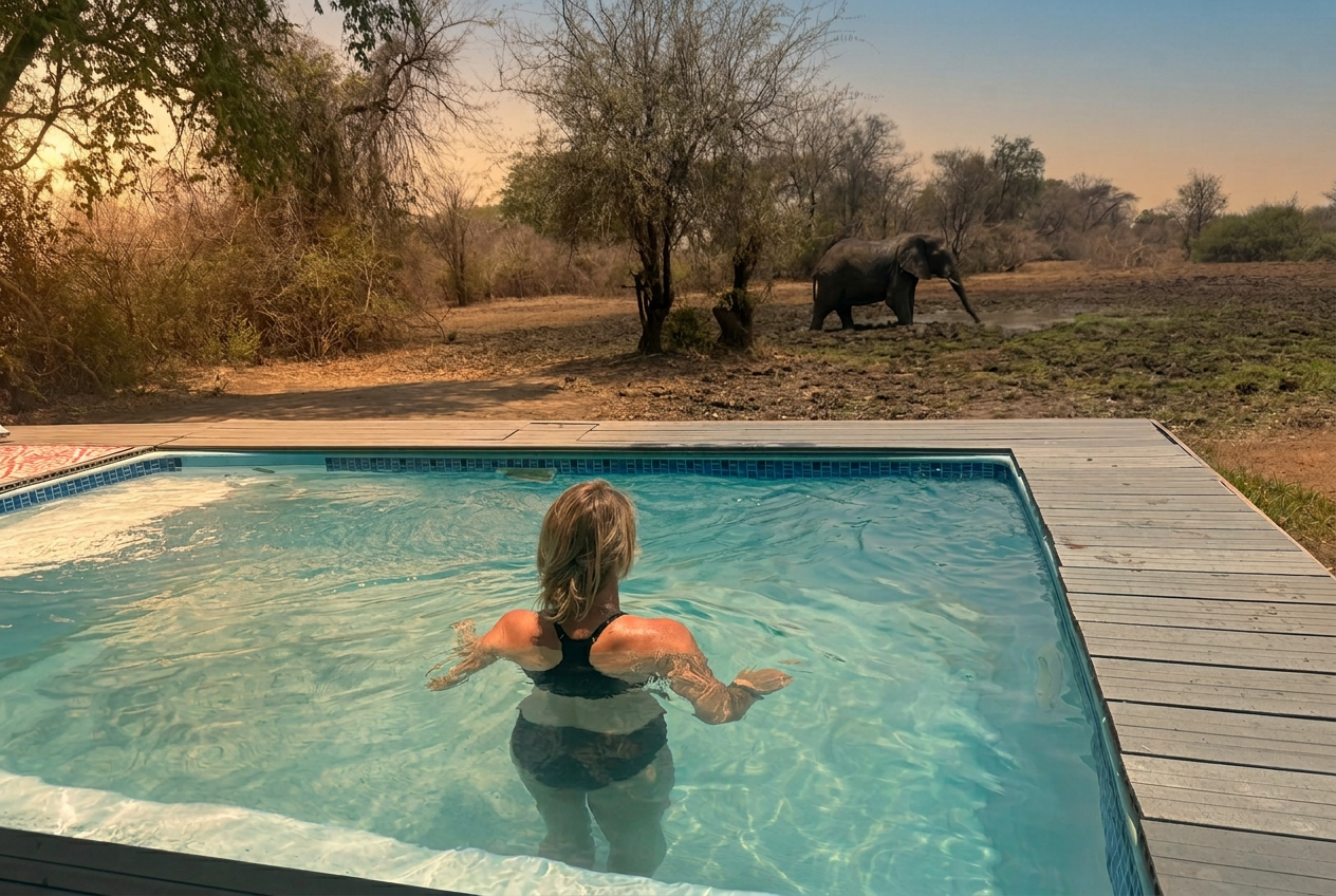 Guest in the plunge pool watching an elephant at sunset, South Luangwa